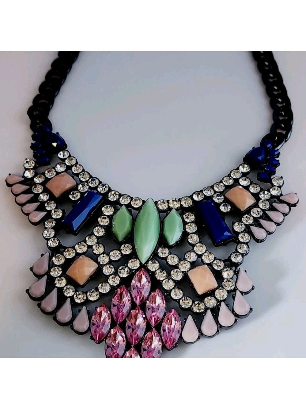 LORI GOLDSTEIN LOGO RUNWAY STATEMENT COLLAR NECKLACE PINK BLUE CRYSTAL GUNMETAL - Picture 5 of 14